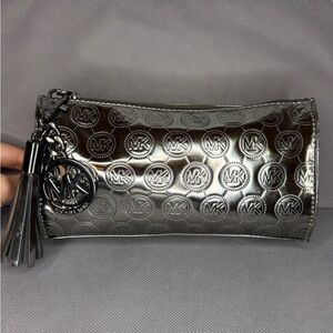 Michael Kors Metallic MK Logo Cosmetic Bag Pouch Silver Tassel Zip